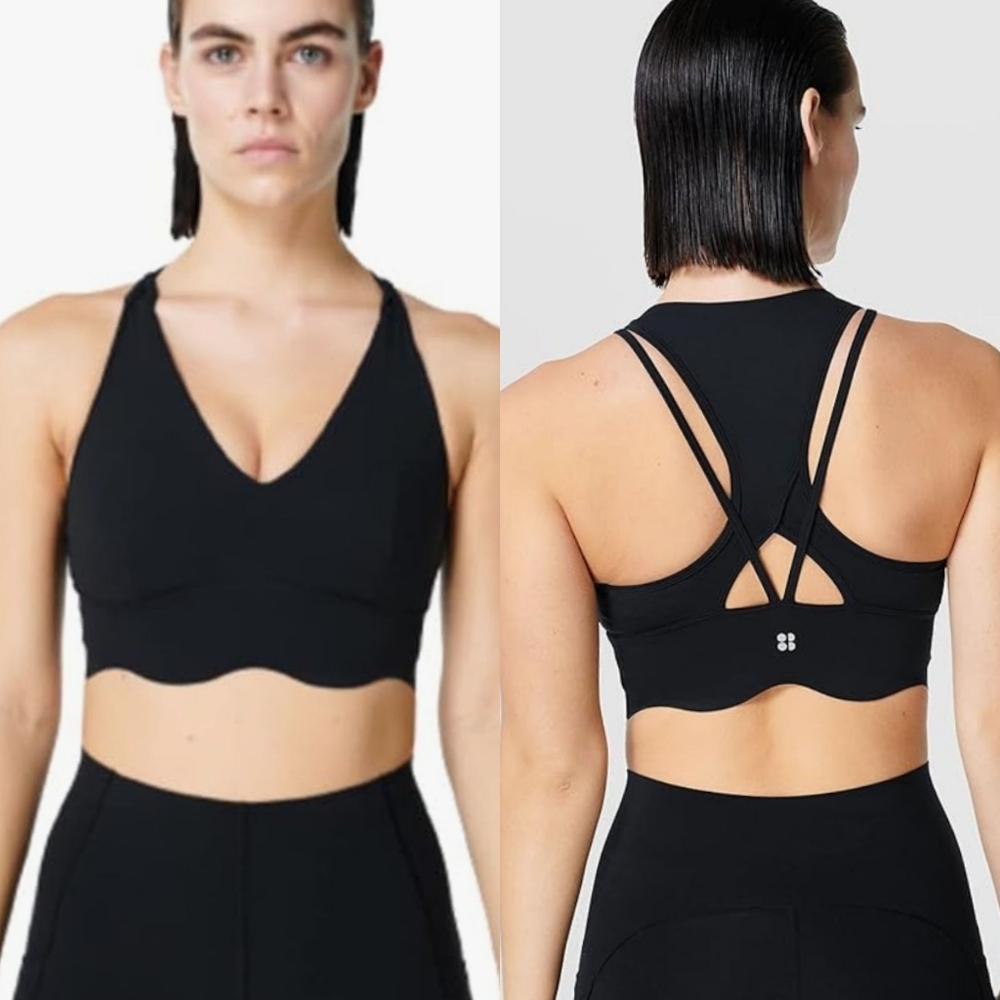 Sweaty Betty Power Contour Plunge Bra Black Scalloped Medium Support SB8557